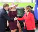La reine Beatrix, le prince Willem-Alexander et la princesse Maxima des Pays-Bas accueillis par Angela Merkel : ils sont en visite de quatre jours en Allemagne, du 12 au 16 avril 2011.