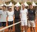 Le prince Albert II de Monaco, Arnaud Boetsch, Caroline Wozniacki, Guy Forget et Andre Muhlberger lors d'un match amical de tennis dans le cadre du tournoi de Monte-Carlo le 17 avril 2011