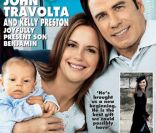 Kelly Preston et John Travolta présentent leur dernier né, Benjamin, en couverture du magazine <em>Hello!</em>, avril 2011.<br />