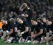 Les All Blacks, emmenée par Piri Weepu réalise leur fameux Haka lors de la Coupe du monde de rugby remportée 8-7 face aux Français le 23 octobre 2011 à Auckland