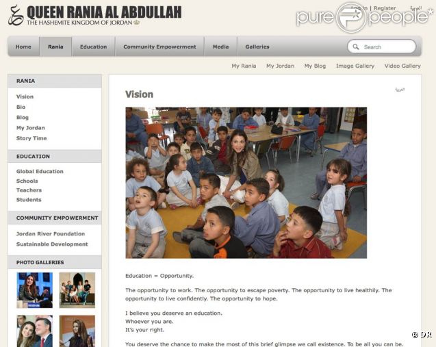 Le site officiel de la reine Rania de Jordanie met en exergue son dévouement à la cause de l'éducation, tant en Jordanie qu'à l'échelle internationale. 