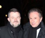 Eric Naulleau et Michel Drucker lors des 25 ans de TV Magazine au Plaza Athenée le 8 février 2012 à Paris
