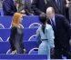 Le prince Albert de Monaco, aux championnats du monde de patinage artistique de Nice le 27 mars 2012, salue Surya Bonaly, qui représente Monaco à Las Vegas et est marraine de la compétition, et Marina Anissina. Le souverain a rejoint au palais des expositions sa soeur la princese Caroline et sa nièce la princesse Alexandra, elle-même patineuse.