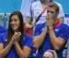 Alain Bernard et le clan français lors de la finale du 100 m nage libre de Yannick Agnel le 1er août 2012 à Londres