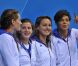 Camille Muffat, Charlotte Bonnet, Ophelie-Cyrielle Etienne et Coralie Balmy heureuses après avoir décroché le bronze olympique lors du relais 4x200 m nage libre lors des Jeux olympiques de Londres le 1er août 2012