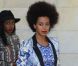 Solange Knowles, habillée d'un veste et d'une robe Roberto Cavalli et de sandales Christian Louboutin, se rend au défilé Just Cavalli à Milan. Le 21 septembre 2012.