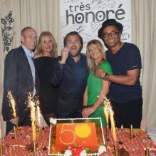 Guy Forget, Henri Leconte et son épouse Florentine, Yannick Noah et Isabelle lors de la soirée d'anniversaire d'Henri Leconte qui célébrait ses 50 ans au restaurant Très Honoré à Paris le 30 mai 2013