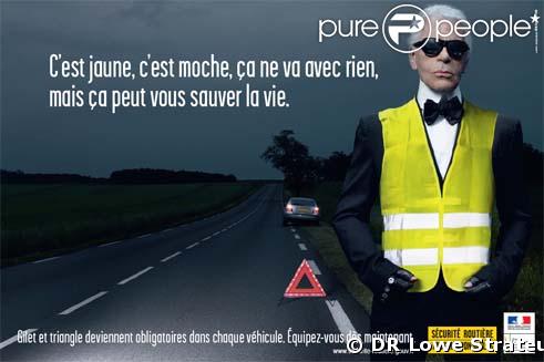 Affiche Sécurité routière avec Karl Lagerfeld - port du gilet jaune et triangle