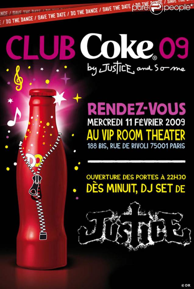Flyer pour la soirée du lancement de la bouteille Club Coke designé par Justice