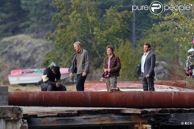 Les acteurs du film L'Agence tous risques en tournage le 30 septembre 2009 à Vancouver : ici Quinton Jackson, Liam Neeson, Sharlto Copley et Bradley Cooper 