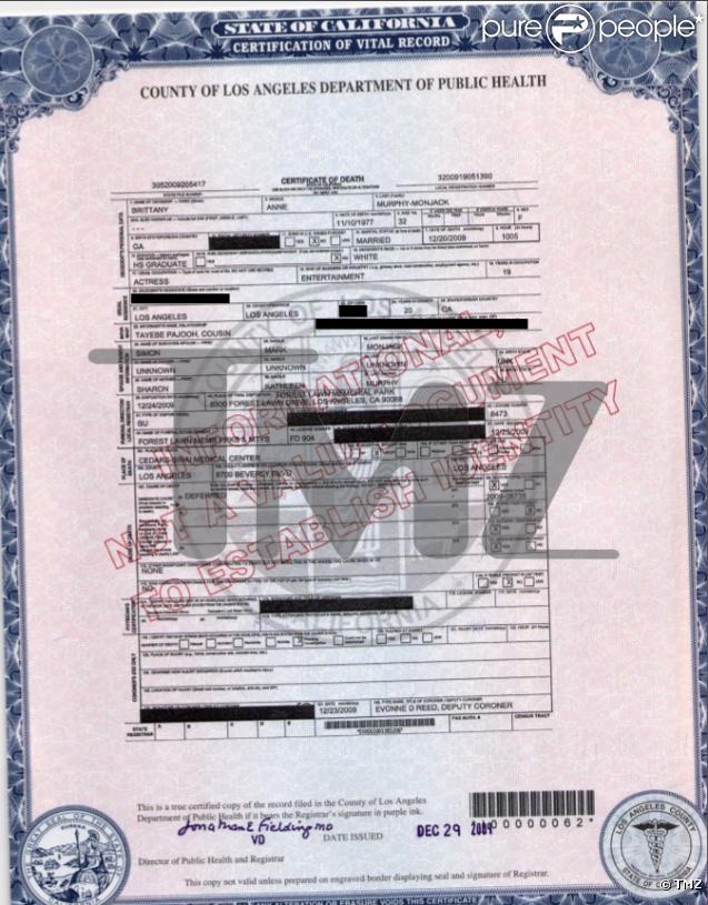Le certificat de décès de Brittany Murphy