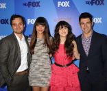Zooey Deschanel, Jake Johnson, Hannah Simone, et Max Greenfield, membres du casting de la série  The New Girl , assistent à la conférence de presse de la Fox, lundi 16 mai à New York.