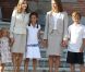 Letizia d'Espagne, aux côtés de Victoria, Elena et Felipe d'Espagne, accueille le Pape Benoit XVI au palais de la Zarzuela. Le 19 août 2011