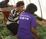 Michelle Obama n\'a pas hésité à mouiller le maillot à Chicago lors d\'une visite à une exploitation agricole. Le 25 octobre 2011<br />