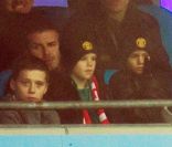 David Beckham et ses fils Brooklyn, Romeo et Cruz le 8 janvier 2012 à Manchester lors de la victoire de United sur City (3-2).