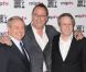 Paul Zilk et René Balcer entourent Jean Reno lors de la soirée d'ouverture du MIP TV à Cannes au Martinez à Cannes le 1er avril 2012