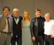  Olivier Marchal, son épouse Catherine et leurs metteurs en scène, Alain Ganas et Hervé Dubourjal, sur scène pour le filage de la pièce  Rendez-vous au Grand Café , théâtre des Bouffes Parisiens, le 8 octobre 2012. 