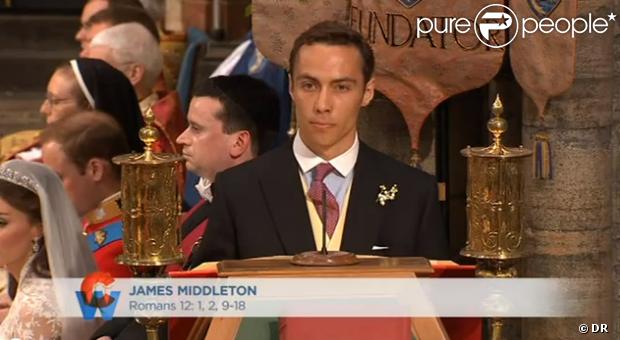 James Middleton faisant lecture d'un passage de la Bible (Romains, chapître 12) lors du mariage du prince William et de Kate Middleton le 29 avril 2011 à Westminster. Pour ce moment important, le frère cadet de Kate a dû surmonter sa dyslexie.