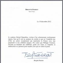 Lettre ouverte de Brigitte Bardot en soutien à Gérard Depardieu, publiée le 19 décembre 2012.