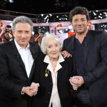Michel Drucker, Gisèle Casadesus et Patrick Bruel à l'enregistrement de l'émission Vivement Dimanche à Paris, le 20 mars 2013. Diffusion prévue le 24 mars 2013.