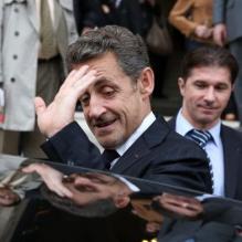 Nicolas Sarkozy et Jean-Christophe Fromantin à Neuilly-sur-Seine le 16 avril 2013 pour le 30e anniversaire de la disparition d'Achille Peretti maire de la ville de 1947 à 1983.