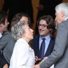 Andrée Sarkozy et Jean Sarkozy à Neuilly-sur-Seine le 16 avril 2013 pour le 30e anniversaire de la disparition d'Achille Peretti maire de la ville de 1947 à 1983.