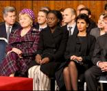 Marisa Bruni-Tedeschi au côté de Rama Yade, Rachida Dati et Bernard Kouchner lors du discours de Nicolas Sarkozy au Palais de Westminster, le 26 mars 2008