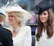 La princesse Catherine Middleton, la duchesse de Cornouailles Camilla Parker Bowles et le prince Harry lors du Trooping the colour, célébration de l'anniversaire de la reine Elizabeth II,  le 11 juin 2011 à Londres