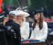 La princesse Catherine Middleton, la duchesse de Cornouailles Camilla Parker Bowles et le prince Harry lors du Trooping the colour, célébration de l'anniversaire de la reine Elizabeth II,  le 11 juin 2011 à Londres