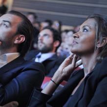 Karine Le Marchand et Cyril Lignac, à la conférence de presse de rentrée de M6, à Neuilly, le 1er septembre