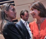 Karine Le Marchand et Bibiane Godfroid à la conférence de presse de rentrée de M6, à Neuilly, le 1er septembre