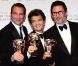 Jean Dujardin, Thomas Langmann et Michel Hazanavicius, lors des BAFTAs 2012, le 12 février à Londres.