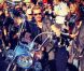 Johnny Hallyday, sur une Harley à son effigie, participe à la randonnée du courage Pat Burns pour la recherche contre le cancer, à Québec, le 10 juillet 2012.