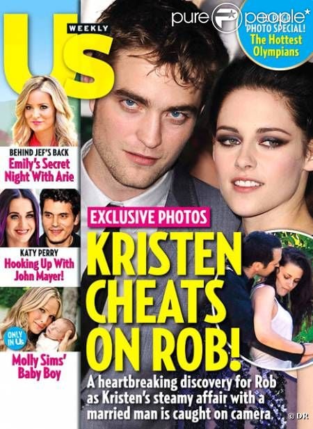 Robert Pattinson et Kristen Stewart en couverture de Us Weekly qui publie en médaillon une photo de Kristen Stewart et Rupert Sanders