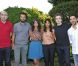 Leïla Bekhti et Géraldine Nakache entourées de Hervé Mimran, Nader Boussandel, Baptiste Lecaplain et Manu Payet, lors du photocall de  Nous York  au Festival d'Angoulême, le 25 août 2012.