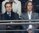 Nicolas Sarkozy et son fils Pierre, attentifs dans les gradins du Parc des Princes, assistent à la victoire du Paris Saint-Germain face à Sochaux. Paris, le 29 septembre 2012.