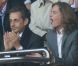 Nicolas Sarkozy et son fils Pierre, attentifs dans les gradins du Parc des Princes, assistent à la victoire du Paris Saint-Germain face à Sochaux. Paris, le 29 septembre 2012.
