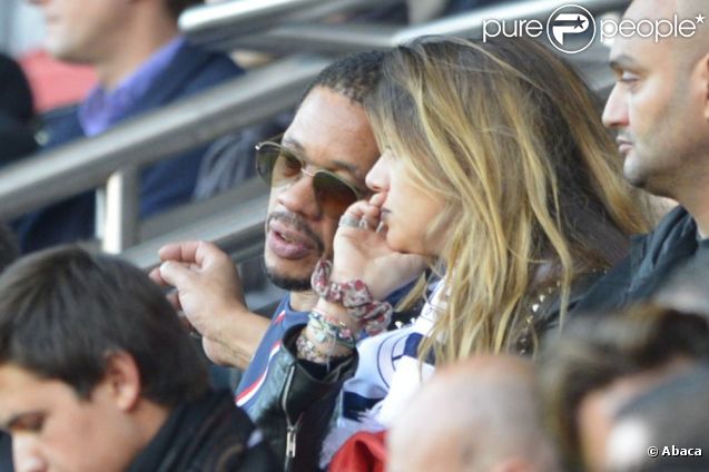 JoeyStarr et Priscilla de Laforcade assistent à la rencontre entre le Paris Saint-Germain et le FC Sochaux. Paris, le 29 septembre 2012.
