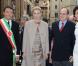  Le prince Albert de Monaco et la princesse Charlene en visite à Florence le 10 octobre 2012, reçus par le maire Matteo Rizzi et son épouse Agnese à l'Hôtel de Ville (Palazzo Vecchio), avant le Bal du Lys au Palazzo Pitti. 