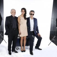 Charles Aznavour, Tal et Andrea Bocelli  lors de l'enregistrement de l'émission Hier Encore à l'Olympia (diffusée le 2 mars) à Paris le 10 janvier 2013