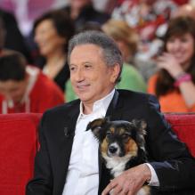 Michel Drucker et sa chienne lors de l'enregistrement de Vivement Dimanche le 13 mars 2013, émission diffusée le 17 mars 2013 sur France 2