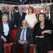 Michel Drucker, Jean-Paul Belmondo, Claudia Cardinale, Jean Rochefort, Pierre Vernier, Jean-Pierre Marielle, Robert Hossein, Claude Rich, Richard Anconina, Guy Bedos et Axelle Red <span>- Enregistrement de l'émission "</span>Vivement Dimanche" consacrée à Jean-Paul Belmondo à Paris le 10 avril 2013, diffusion le 14 avril.