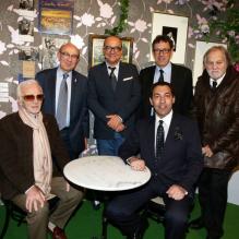 Charles Aznavour, Jacques Pessis, Georges El Assidi, Karl Zéro, Jacques Bascou, Jean-Jacques Debout - Vernissage de l'exposition "Trenet : Le Fou chantant de Narbonne à Paris" à la Galerie des Bibliothèques à Paris, le 11 avril 2013.