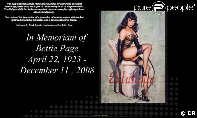 Website officiel de Betty Page annonçant son décès