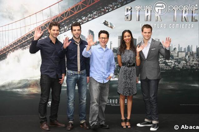 Eric Bana, Zachary Quinto, J.J. Abrahams, Zoe Saldana et Chris Pine pour la promo de Star Trek à Madrid (Espagne)