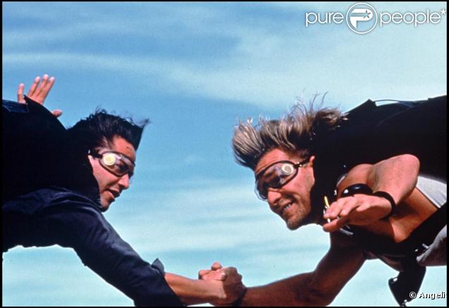 Patrick Swayze sur le tournage de Point Break avec Keanu Reeves en 1991