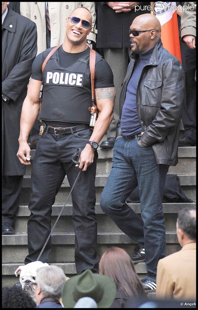 Samuel L. Jackson et Dwayne Johnson sur le tournage de la comédie  The other guys , d'Adam McKay, à New York, le 25 octobre 2009 !