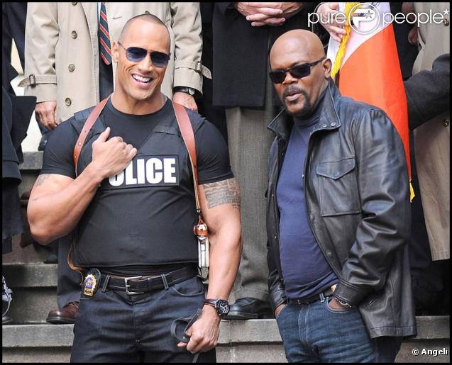 Samuel L. Jackson et Dwayne Johnson sur le tournage de la comédie  The other guys , d'Adam McKay, à New York, le 25 octobre 2009 !