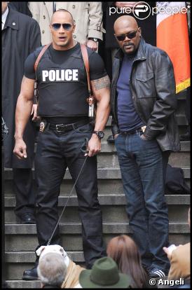Samuel L. Jackson et Dwayne Johnson sur le tournage de la comédie  The other guys , d'Adam McKay, à New York, le 25 octobre 2009 !