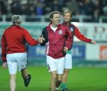 Luis Fernandez, Laurent Blanc et Christophe Dugarry, à l'occasion du match de foot opposant le Variétés Club de France à une sélection de Geodis, au stade de la Licorne, à Amiens, le 10 novembre 2009.